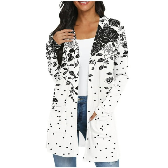 Fmbrln Womens Casual Lightweight Open Front Cardigans Fashion Long Sleeve Floral Print Cardigans with Pockets Black M