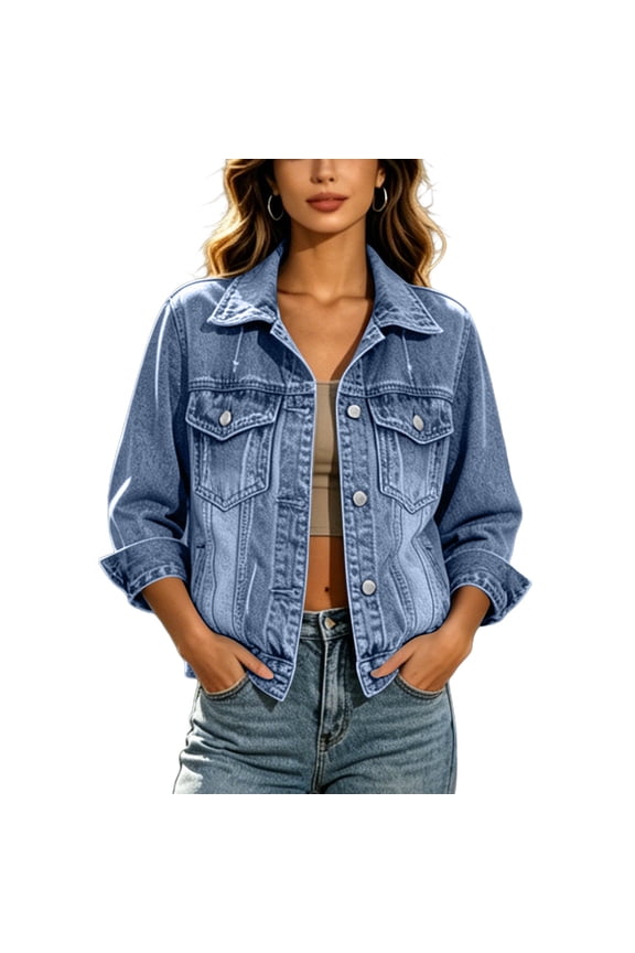 Womens Casual Long Sleeve Lapel Denim Jacket Solid Color Button Jean Jacket with Pockets