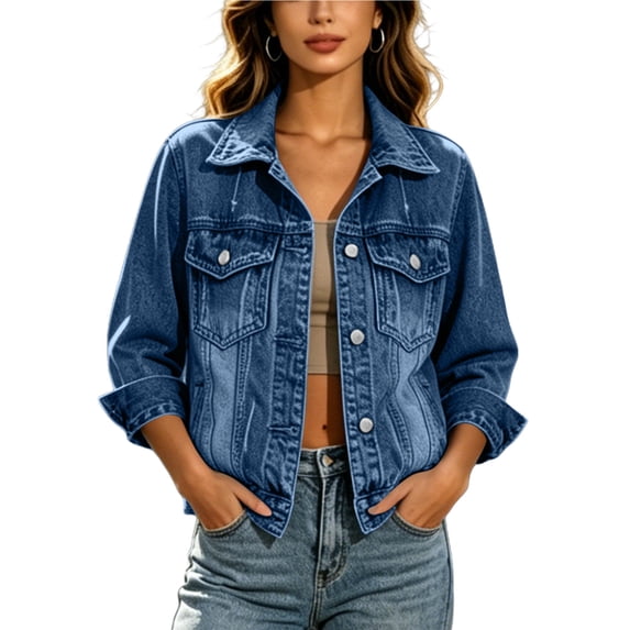 Fmbrln Womens Casual Long Sleeve Lapel Denim Jacket Solid Color Button Jean Jacket with Pockets