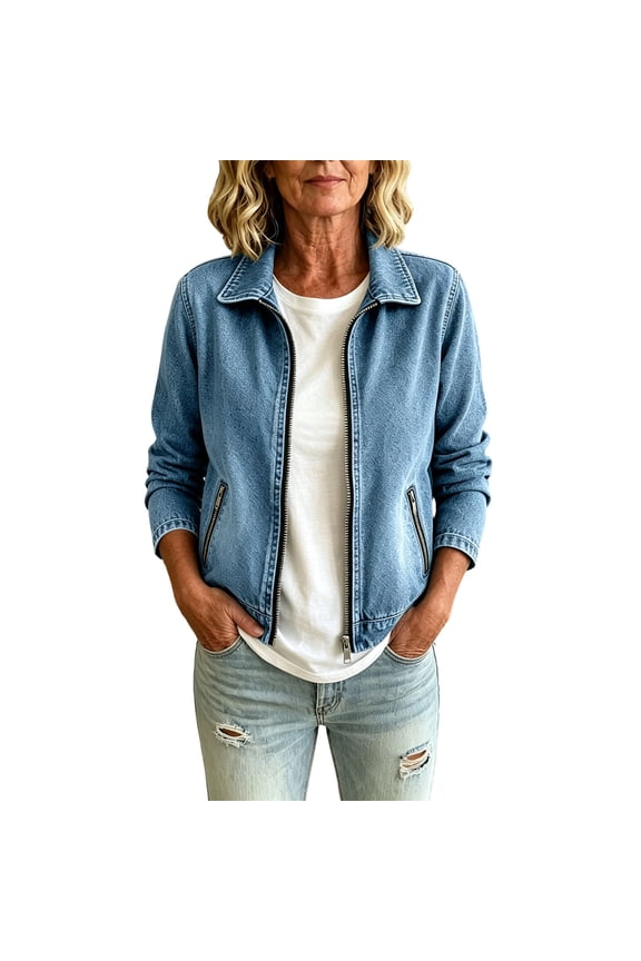 Womens Casual Loose Lapel Denim Jacket Solid Color Zipper Hoodless 3/4 Sleeve Jean Jacket with Pockets