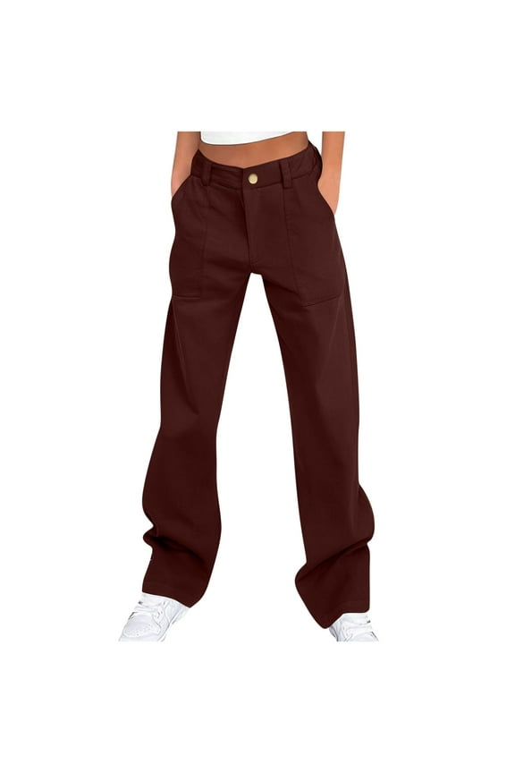 Womens Casual Pants Button Elastic Waist Work Pants Lounge Outdoor Travel Trousers with Pockets Wine XL