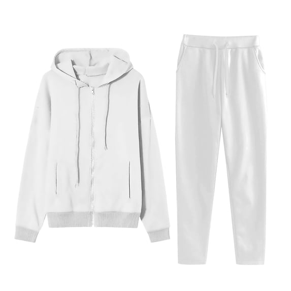 Fmbrln Womens Casual Solid 2 Piece Sweatsuits Full Zip Up Long Sleeve Hoodies with Pockets and Drawstring Elastic Waist Sweatpants Fall Winter Fashion Athletic Outfits Sets White M