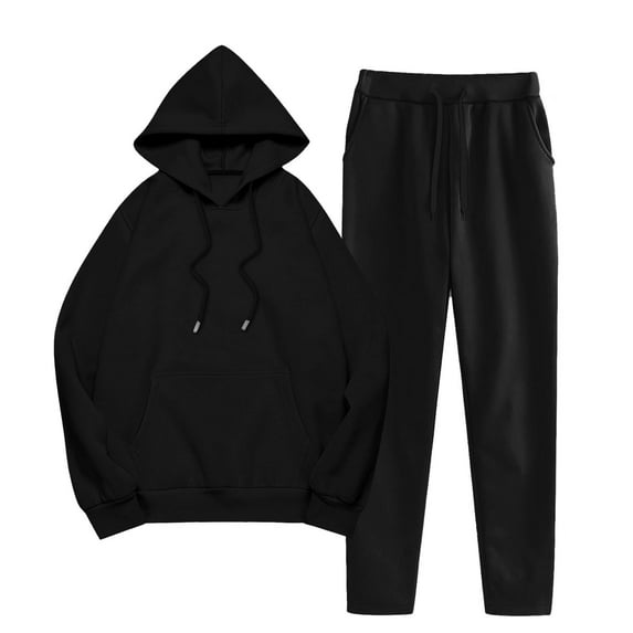 Fmbrln Womens Casual Solid 2 Piece Sweatsuits Long Sleeve Hooded Sweatshirts with Pockets and Drawstring Elastic Waist Sweatpants Fall Winter Fashion Athletic Outfits Sets Black 3XL