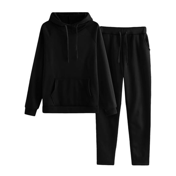 Fmbrln Womens Casual Solid 2 Piece Sweatsuits Long Sleeve Hoodies with Pockets and Drawstring Elastic Waist Sweatpants Fall Winter Fashion Athletic Outfits Sets Black 2XL