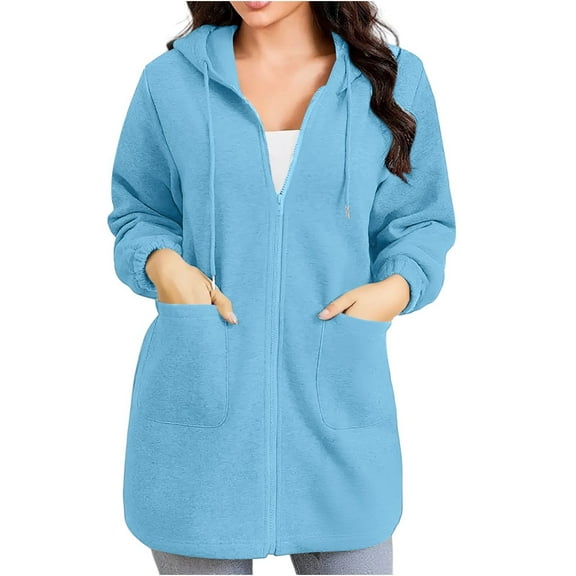 Fmbrln Womens Casual Solid Hoodies Full Zip Up Long Sleeve Hooded Sweatshirts Fall Winter Fashion Sweatshirts Coat with Pockets Light Blue XL
