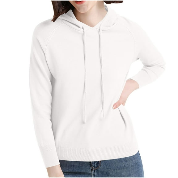 Fmbrln Womens Casual Solid Sweaters Fashion Long Sleeve Hooded Sweaters Loose Comfy Pullover Tops White M
