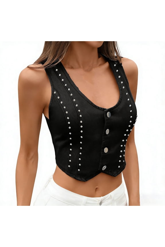 Womens Casual Waist-Defining Cropped V-Neck Jean Vest Solid Color Washed Denim Jacket with Rivets