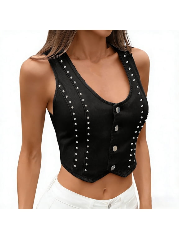 Womens Casual Waist-Defining Cropped V-Neck Jean Vest Solid Color Washed Denim Jacket with Rivets