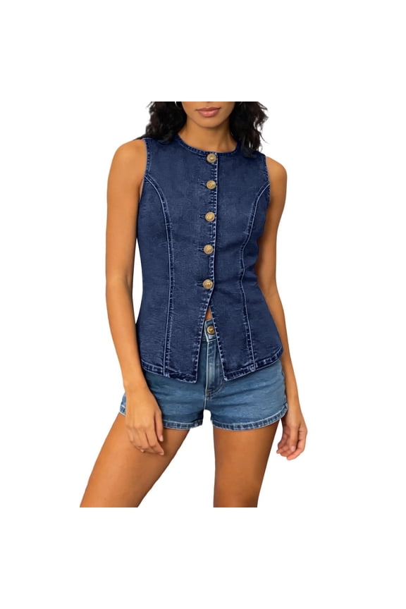Womens Casual Waist-Defining Jean Vest Solid Color Floral Button Hoodless Sleeveless Denim Jacket