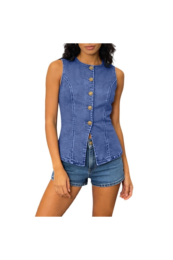 Womens Casual Waist-Defining Jean Vest Solid Color Floral Button Hoodless Sleeveless Denim Jacket