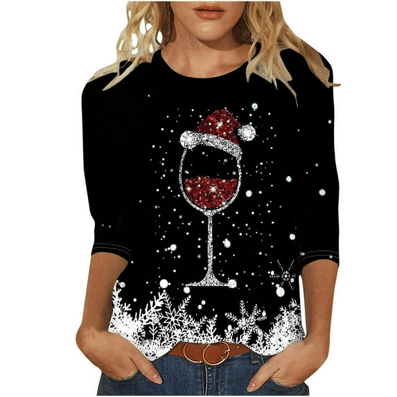 Fmbrln Womens Christmas Shirts Fashion Casual Crew Neck 3/4 Sleeve Tops Red Wine Glass Santa Hat Print T-shirts Christmas Gifts
