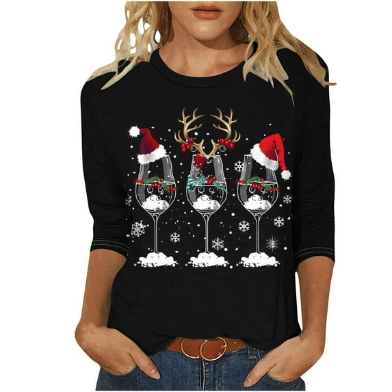 Fmbrln Womens Christmas Shirts Fashion Casual Crew Neck 3/4 Sleeve Tops Red Wine Glass Santa Hat Print T-shirts Christmas Gifts