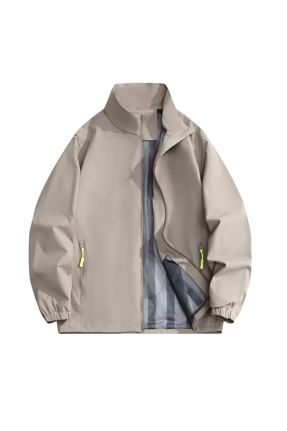 Womens Collared Long Sleeve Motorcycle Jacket Solid Color Zipper Waterproof Raincoat with Pockets