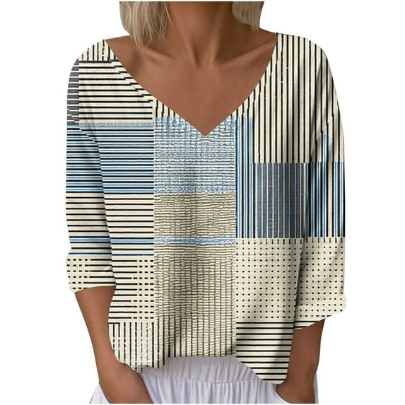 Fmbrln Womens Color Block Shirts Fashion Casual V Neck Long Sleeve Blouse Loose Comfy Pullover Tops Fall Trendy Clothing Multicolor L