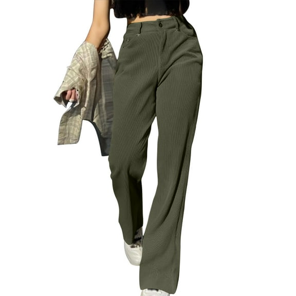 Fmbrln Womens Corduroy Pants Casual Button High Waist Work Pants Lounge Solid Straight Leg Pants with Pockets Army Green XL