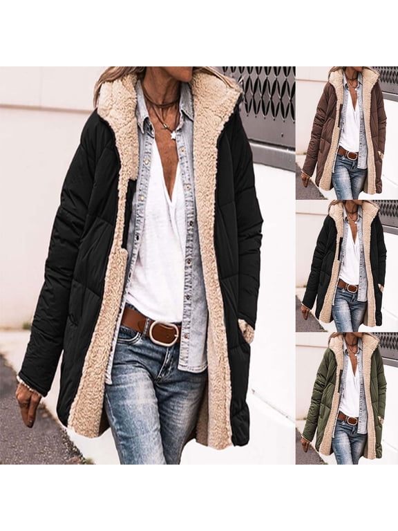 Womens Cotton Long Hooded Parka Puffer Jacket Fleece Lined Zip Up Quilted Padded Coat Winter Warm Outwear with Pocket Black L