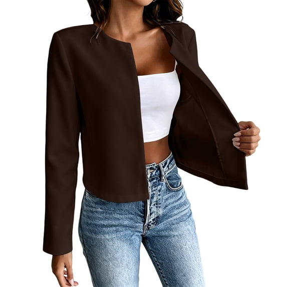 Fmbrln Womens Crew Neck Cropped Blazers Long Sleeve Open Front Suit Jackets Business Casual Work Commute Cardigan