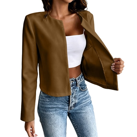 Fmbrln Womens Crew Neck Cropped Blazers Long Sleeve Open Front Suit Jackets Business Casual Work Commute Cardigan