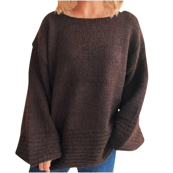 Fmbrln Womens Crew Neck Knitted Sweaters Fall Winter Fashion Long Sleeve Solid Color Pullover Tops Casual Loose Comfy Sweaters Brown S