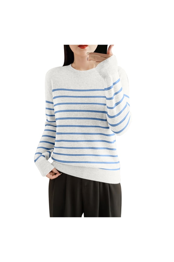 Womens Crew Neck Long Sleeve Knitted Sweaters Fall Fashion Casual Stripe Print Shirts Loose Comfy Pullover Tops Blue M
