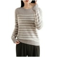 thumbnail image 1 of Fmbrln Womens Crew Neck Long Sleeve Knitted Sweaters Fall Fashion Casual Stripe Print Shirts Loose Comfy Pullover Tops Khaki M, 1 of 3