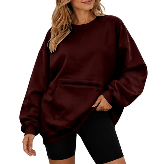 Fmbrln Womens Crew Neck Side Pocket Sweatshirt Long Sleeve Oversized Loose Casual Tunic Pullover Tops