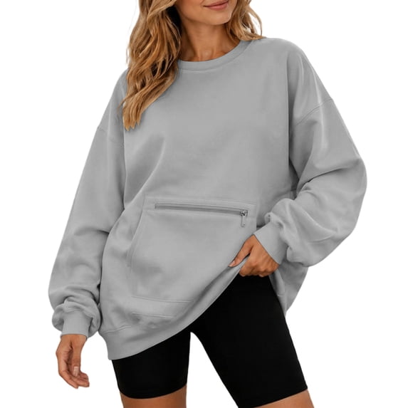 Fmbrln Womens Crew Neck Side Pocket Sweatshirt Long Sleeve Oversized Loose Casual Tunic Pullover Tops