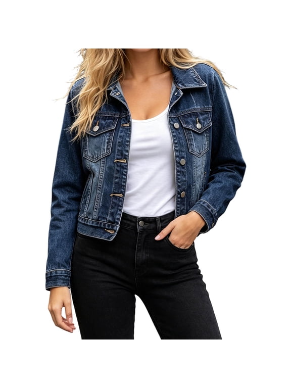 Womens Cropped Denim Jacket Long Sleeve Button Down Casual Short Jean Jacket With Pockets