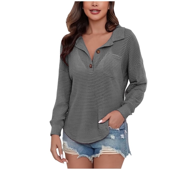 Fmbrln Womens Dressy Casual Tops Oversized V Neck Button Long Sleeve Sweaters Shirts Loose Comfy Solid Color Blouse Gray S