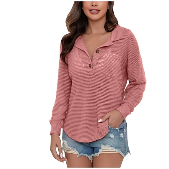 Fmbrln Womens Dressy Casual Tops Oversized V Neck Button Long Sleeve Sweaters Shirts Loose Comfy Solid Color Blouse Pink 2XL