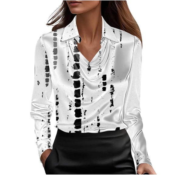 Fmbrln Womens Elegant Draped Neck Blouse Long Sleeve Office Work Shirts Tops Fashion Print Dressy Party Blouse