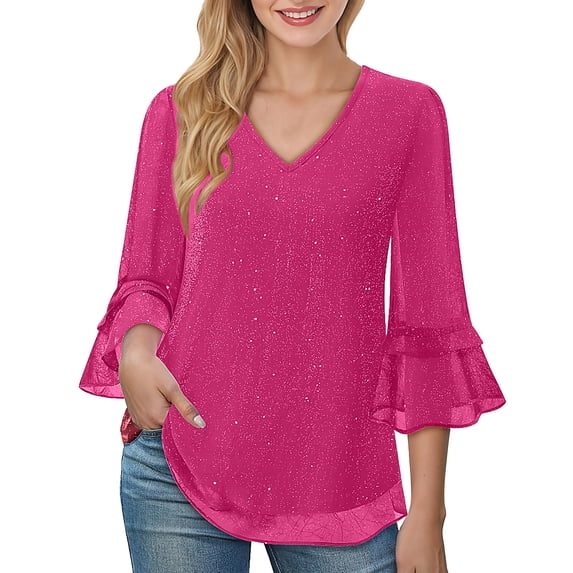 Fmbrln Womens Elegant Glitter Blouse Ruffle 3/4 Sleeve V Neck Shiny Party Blouse Fashion Casual Mesh Breathable Dressy Shirts Tops