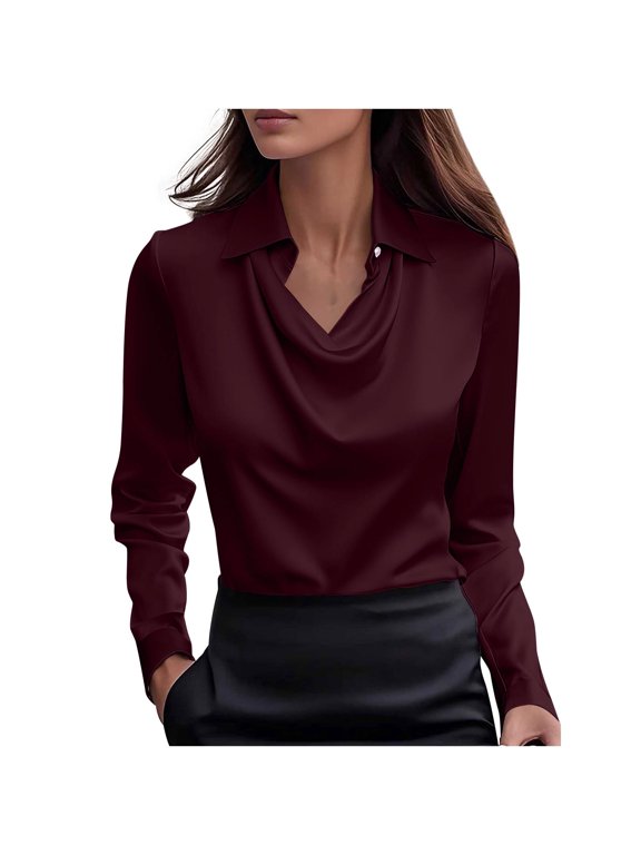 Womens Elegant Satin Blouse Fashion Draped Collar Long Sleeve Shirts Tops Casual Office Business Work Shirts Dressy Party Blouse
