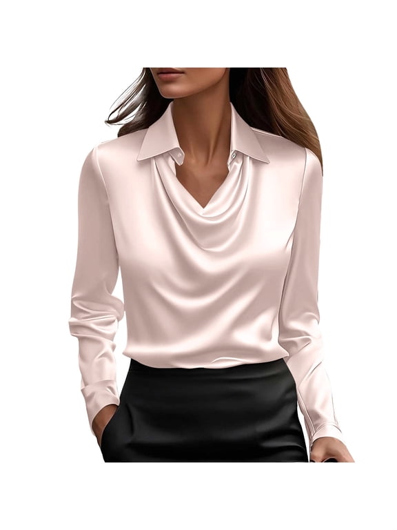 Womens Elegant Satin Blouse Fashion Draped Collar Long Sleeve Shirts Tops Casual Office Business Work Shirts Dressy Party Blouse
