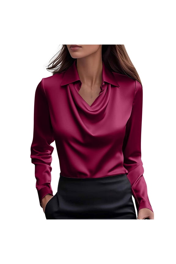 Womens Elegant Satin Blouse Fashion Draped Collar Long Sleeve Shirts Tops Casual Office Business Work Shirts Dressy Party Blouse