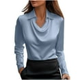 thumbnail image 1 of Fmbrln Womens Elegant Satin Blouse Fashion Turndown Collar Long Sleeve Front Draped Shirts Casual Office Business Work Shirts Blue 3XL, 1 of 5