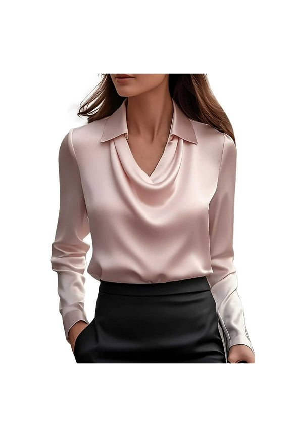 Womens Elegant Satin Blouse Fashion Turndown Collar Long Sleeve Front Draped Shirts Casual Office Business Work Shirts Pink L