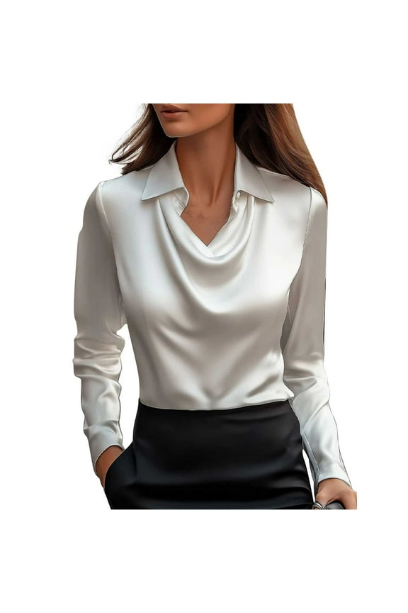 Womens Elegant Satin Blouse Fashion Turndown Collar Long Sleeve Front Draped Shirts Casual Office Business Work Shirts White XL