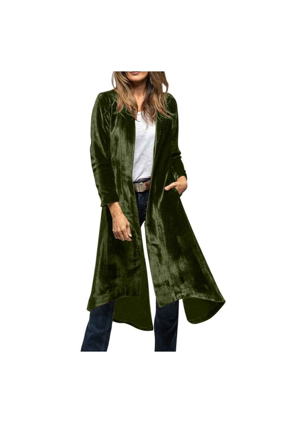 Womens Elegant Vintage Velvet Coat Long Sleeve Back High Slit Solid Color Coat Casual Dressy Party Jackets with Pockets Green M