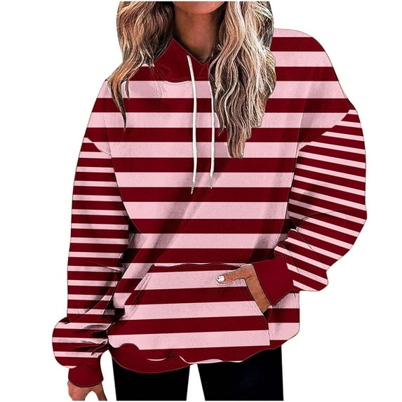 Fmbrln Womens Fall Hooded Sweatshirts Fashion Long Sleeve Hoodie Casual Loose Stripe Print Pullover Tops with Pockets Hot Pink M