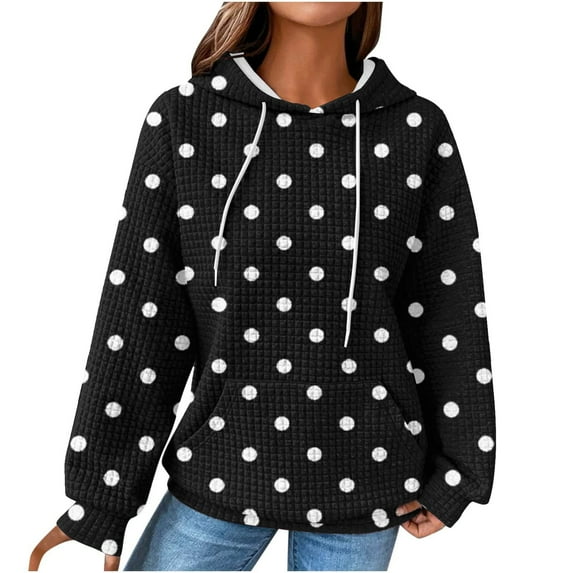 Fmbrln Womens Fall Hoodies Fashion Long Sleeve Hooded Sweatshirts Casual Loose Polka Print Pullover Tops with Pockets Black M