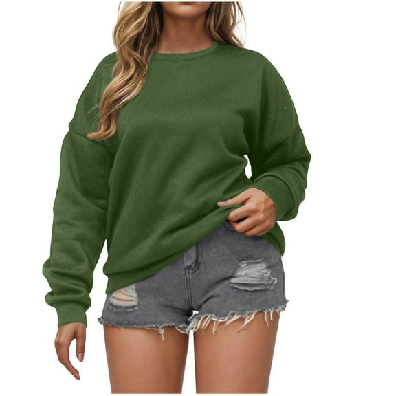 Fmbrln Womens Fall Hoodless Sweatshirts Fashion Crew Neck Long Sleeve Pullover Tops Casual Loose Solid Color Blouse Green XL