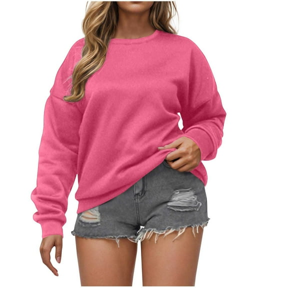 Fmbrln Womens Fall Hoodless Sweatshirts Fashion Crew Neck Long Sleeve Pullover Tops Casual Loose Solid Color Blouse Hot Pink XL