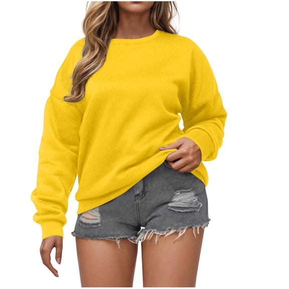 Fmbrln Womens Fall Hoodless Sweatshirts Fashion Crew Neck Long Sleeve Pullover Tops Casual Loose Solid Color Blouse Yellow XL