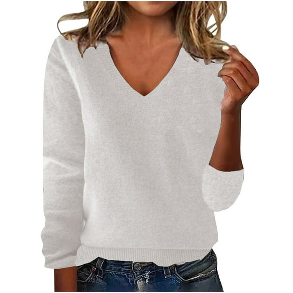 Fmbrln Womens Fall Knitted Sweaters Fashion Casual V Neck Long Sleeve Basic Shirts Comfy Pullover Tops Beige S