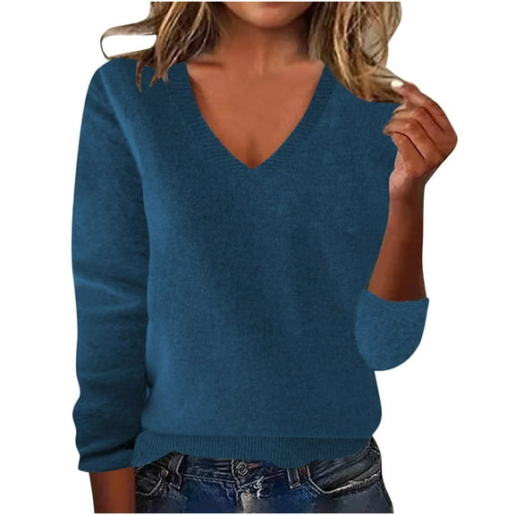 Fmbrln Womens Fall Knitted Sweaters Fashion Casual V Neck Long Sleeve Basic Shirts Comfy Pullover Tops Blue L