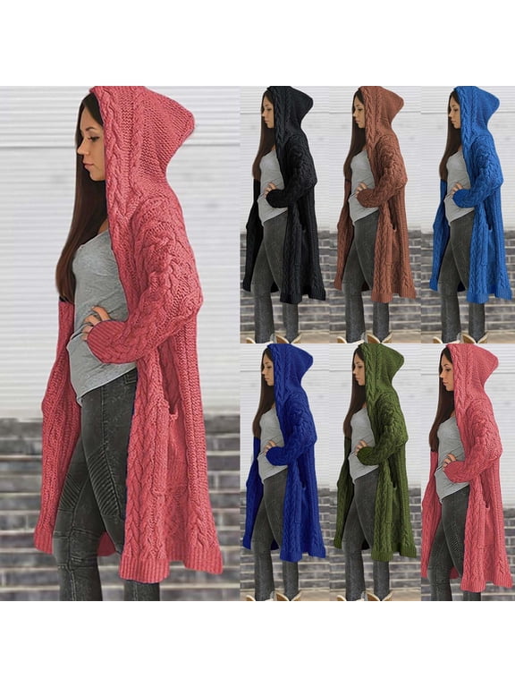Womens Fall Winter Maxi Cable Knit Sweater Coat Open Front Solid Color Hooded Cardigans Sweaters Loose Long Sleeve Outerwear with Pockets