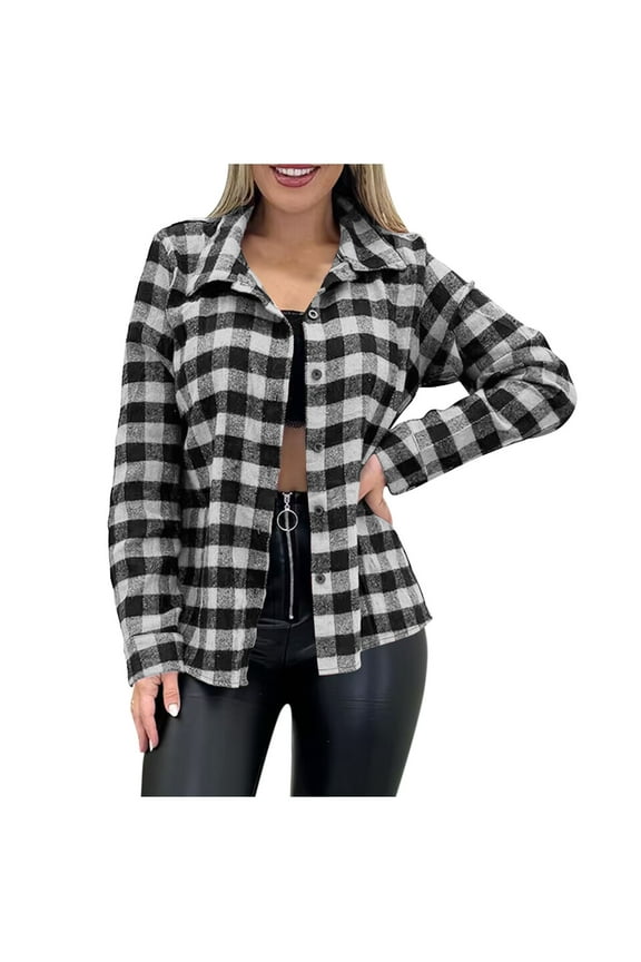 Womens Flannel Plaid Shirts Long Sleeve Turndown Collar Button Work Tops Casual Business Shirts Fall Trendy Blouses Black S