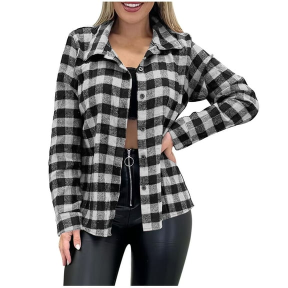 Fmbrln Womens Flannel Plaid Shirts Long Sleeve Turndown Collar Button Work Tops Casual Business Shirts Fall Trendy Blouses Black XL