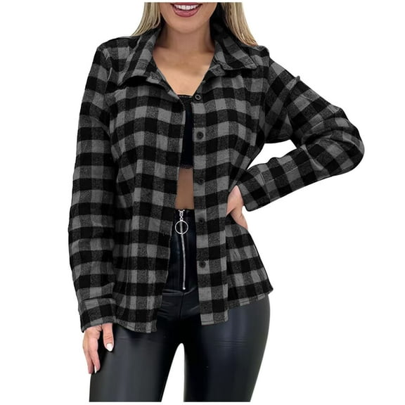 Fmbrln Womens Flannel Plaid Shirts Long Sleeve Turndown Collar Button Work Tops Casual Business Shirts Fall Trendy Blouses Gray XL